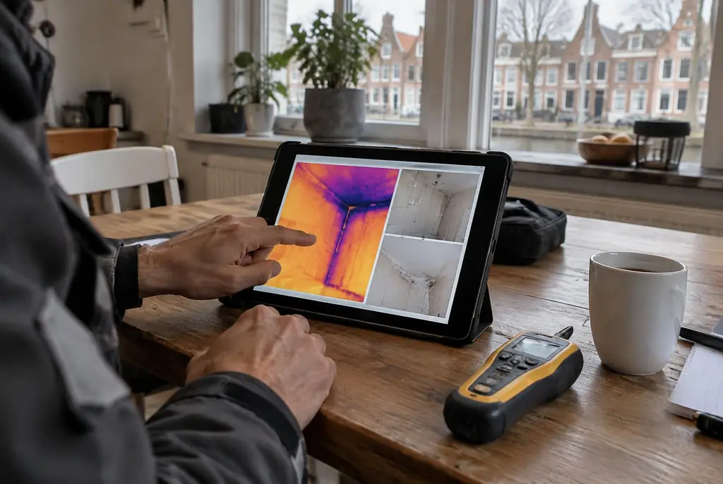 Lekdetectie Volendam – lekdetectierapport met warmtebeelden en foto's op een tablet