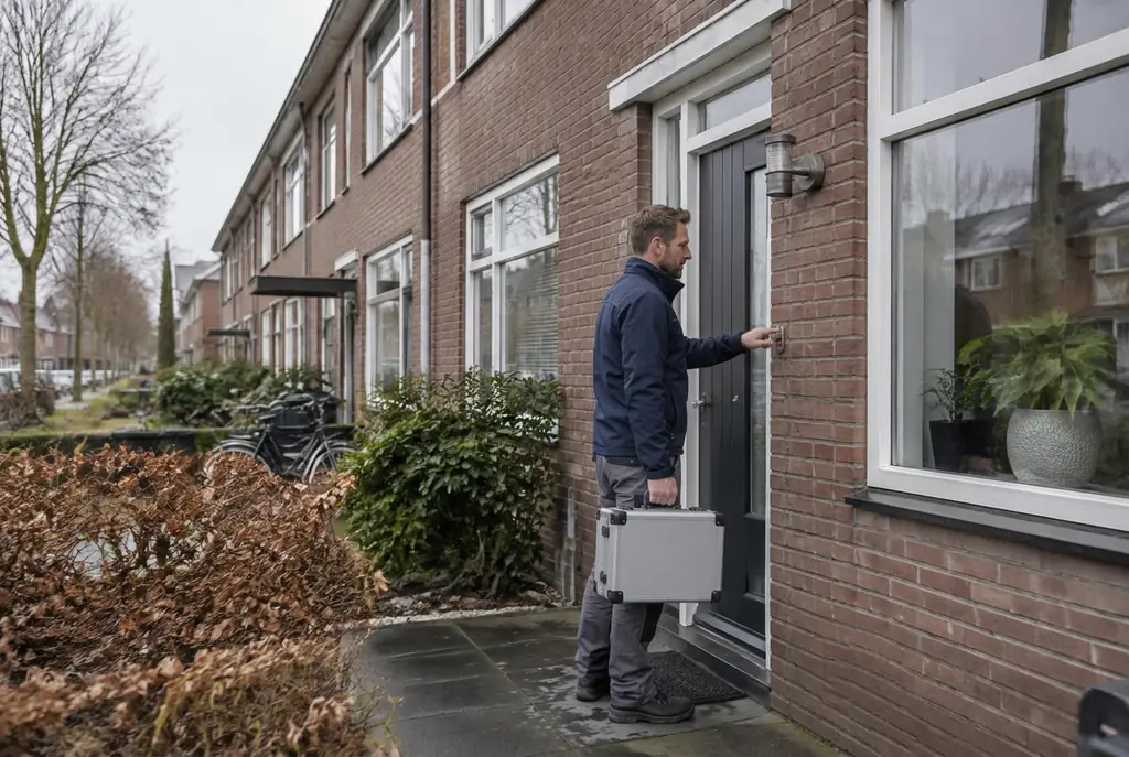 Lekdetectiespecialist met meetkoffer bij de voordeur van een woning in Volendam